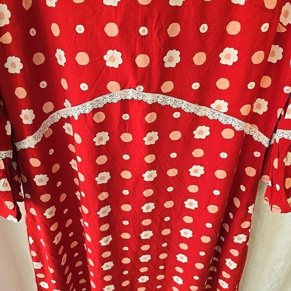Red Polka Dot Midi Dress with Lace Trim - Picture 3 of 16